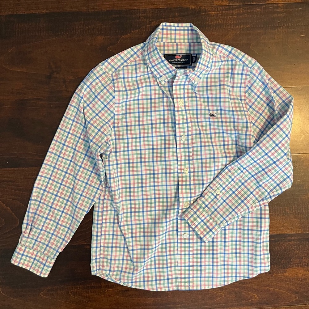 Vineyard Vines Performance Button-Up!  Boys Size 7, White/Blue/Pink/Green. LK!!!